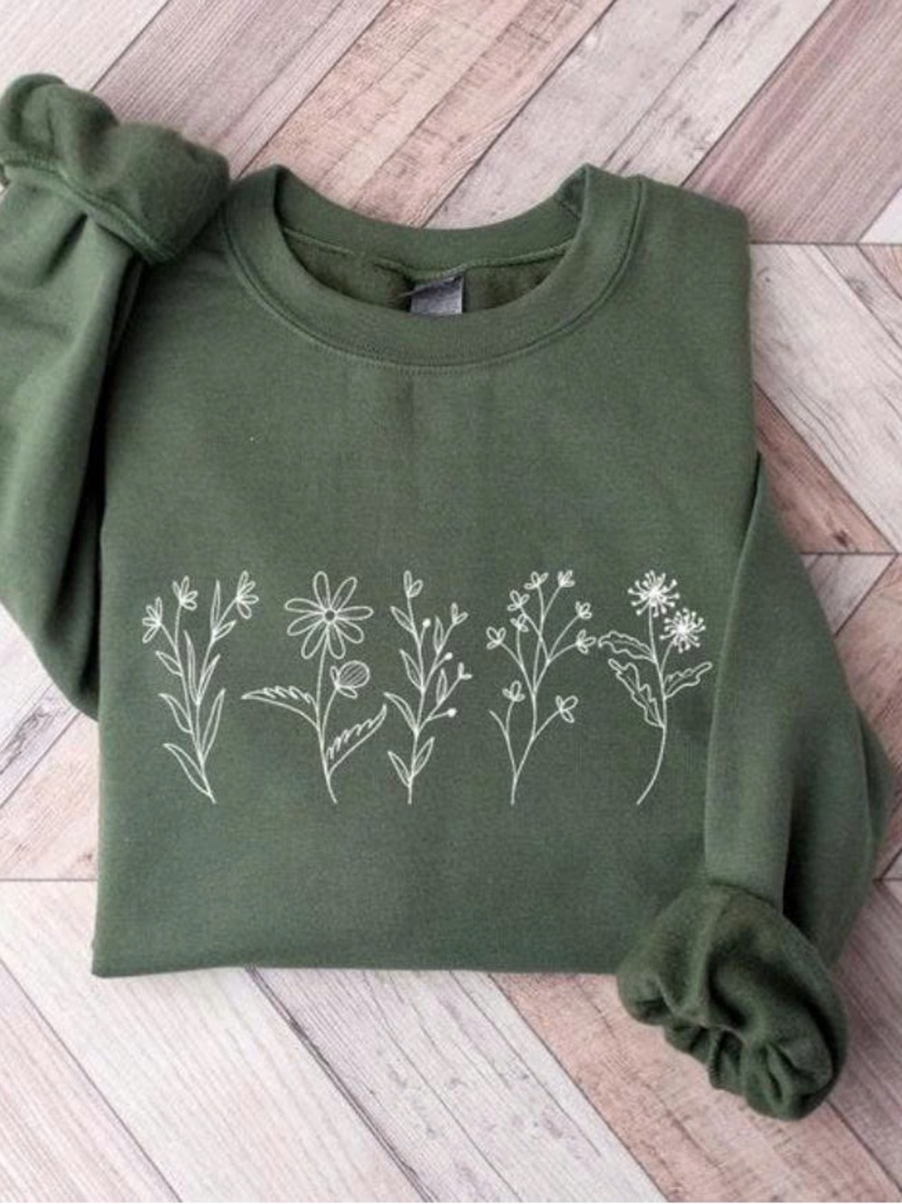 Floral Line Art Olive Green Crewneck Sweatshirt